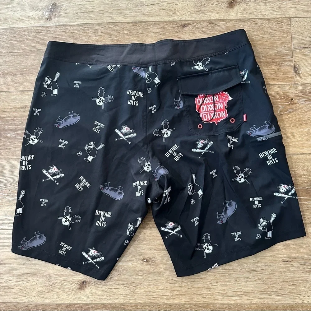 DIXXON Beware Boardshorts Men’s Red, White, & Black Lightweight Trunks Sz 42 NWO